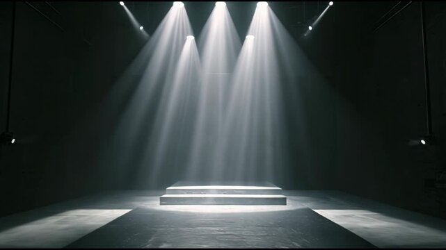 Empty catwalk with many spotlights, fashion event, runway podium stage