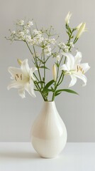 Vase with flowers: Lily, white background.