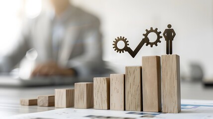 Wooden blocks with an upward arrow and growth chart, a gears icon on a white background. A businessman at the top of a ladder representing business success. A line graph indicating growth in