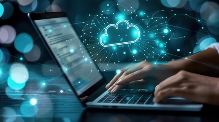 Hands typing on a laptop with a glowing cloud computing icon. Concept of cloud computing, data storage, networking, and technology.