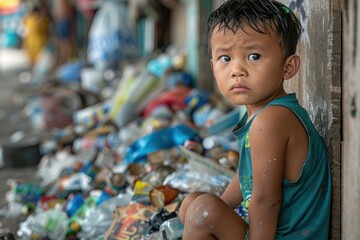A homeless Asian child sits against a wall among household trash, looking at the camera, highlighting the struggle of homelessness and poverty.