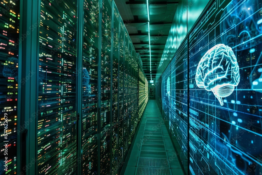 Poster supercomputer is processing data in a data center with a glowing brain symbolizing artificial intell