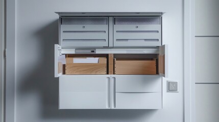 A white, wall-mounted mailbox with two compartments, each with a drawer that can be opened. The left drawer is open, revealing a wooden interior.