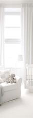 White, grey, and beige nursery interior design with a rocking chair and crib, perfect for a new baby. 
