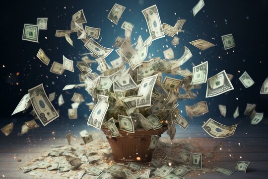 Creative concept image of a plant pot overflowing with us dollar bills as if growing money