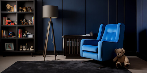 A cozy blue armchair and a crib in a dark blue nursery, perfect for a stylish and calming baby room. 

