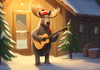 A cute moose in red and brown plays a guitar in front of a cabin in a winter wonderland, perfect for holiday greeting cards. 
