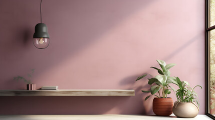 Minimalist pink wall with wooden shelf, green plants and hanging light, perfect for modern interior design. 
