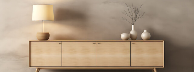 Minimalist wooden cabinet with white vases and a lamp, perfect for modern home decor and interior design. 
