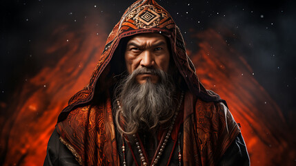 Fototapeta premium A mysterious man in a red and brown robe with a long white beard stares intently, evoking a sense of ancient wisdom and power, perfect for fantasy, folklore, or historical projects. 