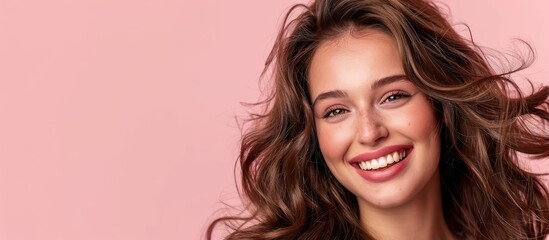 Fototapeta premium Portrait of a Beautiful Woman Smiling with long, healthy hair on a pink background. Concepts. Beauty, Haircare, Cosmetics, Skincare, Wellness