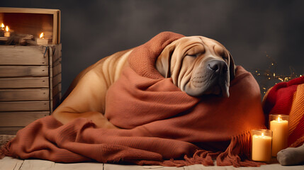 A dog wrapped in a warm blanket, nestled amidst festive decor. Cozy and peaceful scene.

