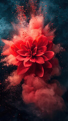 Abstract vertical background featuring a red sand or powder explosion in the shape of a flower.