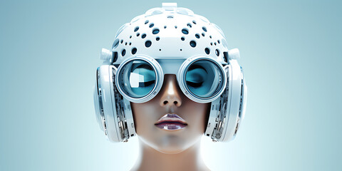 Futuristic woman wearing white headphones and goggles, a symbol of advanced technology.
