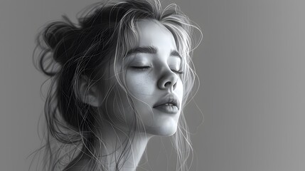 Fototapeta premium A woman with long hair and a serious expression. The image is black and white, generative AI