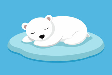 A cute little polar bear cub sleeps on an ice floe in the ocean, vector illustration