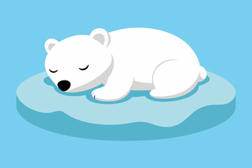  A cute little polar bear cub sleeps on an ice floe in the ocean, vector illustration