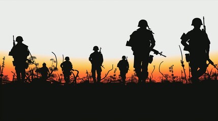 A group of soldiers are walking across a field. The soldiers are in uniform and are carrying weapons. The image has a somber and serious mood, as it depicts soldiers in a war zone