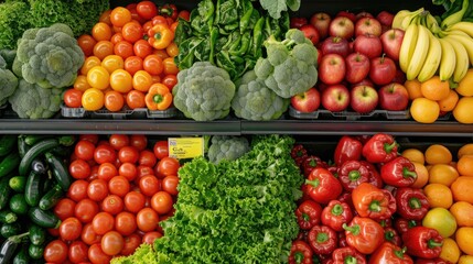 A grocery store shelf filled with fresh produce, including red bell peppers, eggplant, yellow peppers, green peppers, red tomatoes, and potatoes