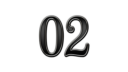 black metal 3d design of number 02 on white background.