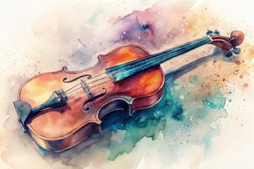 A watercolor violin resting on a soft canvas of hues