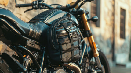 "The rear of the motorcycle with a leather luggage bag attached, serving as a motorcycle trunk."