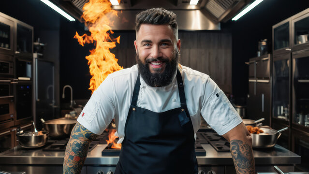 A man with a beard and tattoos standing in front of flames, AI