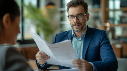 Fototapeta premium bank manager consulting employee reading document at meeting 