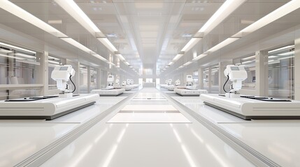 Obraz premium Several white electric delivery vans are parked in a modern warehouse with a box in front of each one