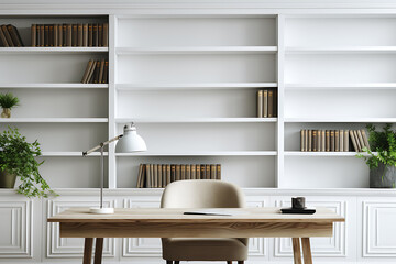 White bookshelf, wooden desk and chair, natural light, minimalistic office space, perfect for work from home concept.
