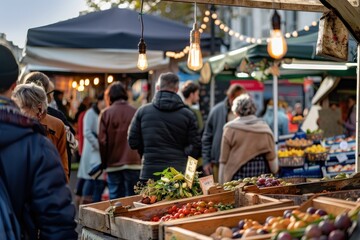 A lively scene at a summer market, with people browsing various stalls selling fresh produce, handmade crafts, and local delicacies.