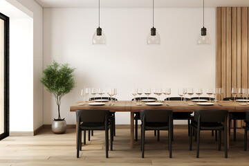 Minimalist dining room with wooden table, black chairs and green plant, perfect for a modern home. 
