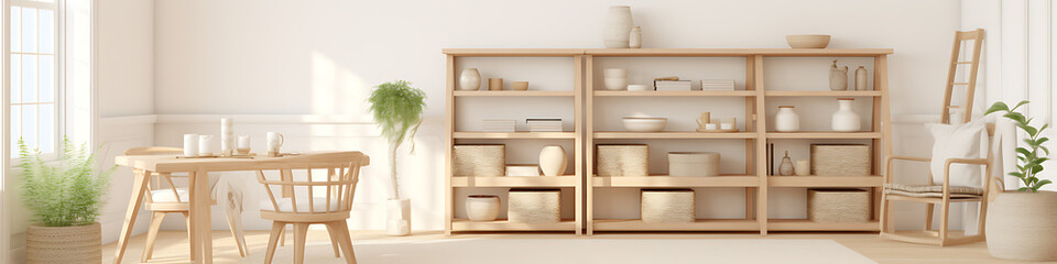 Minimalist wooden furniture and natural elements create a serene and cozy living room, perfect for relaxation. 
