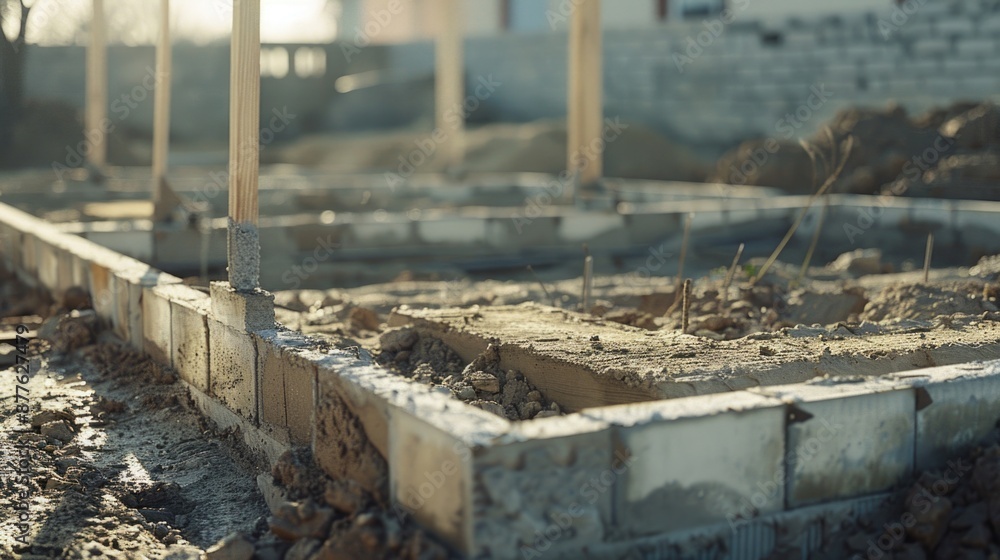 Poster A construction site with concrete blocks and a building in the background
