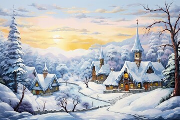 Fototapeta premium Captivating digital art of a snowy. Tranquil winter village scene with charming cottages. Snow-covered trees. And a magical twilight glow