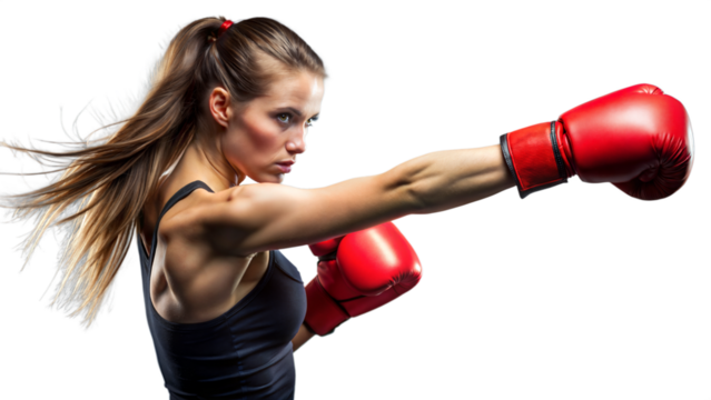 Young Woman Wearing Red Boxing Gloves Throws Powerful Punch