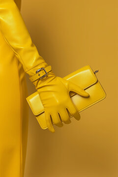 Fashionable Woman in Yellow Outfit Holding Matching Handbag