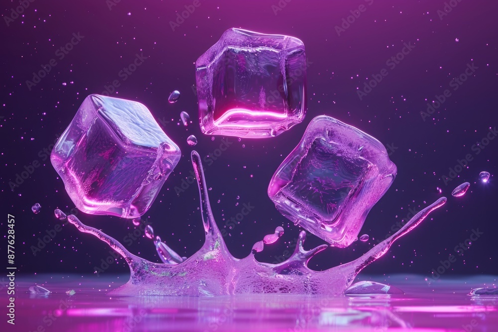 Poster Three transparent ice cubes fall from above into a small puddle of clear water, creating ripples and visual interest