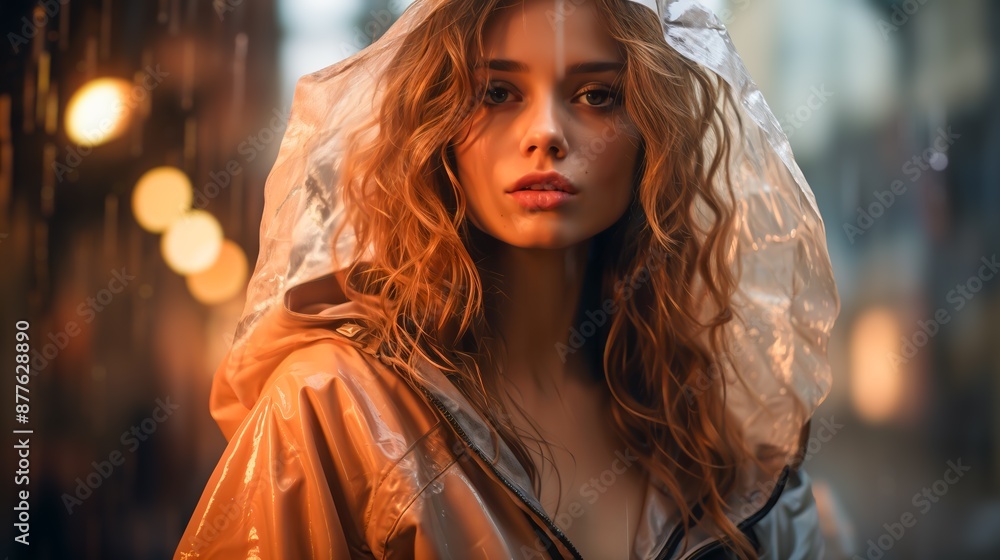 Wall mural a woman with curly hair wearing a hooded raincoat stands in the rain. the background is blurred with