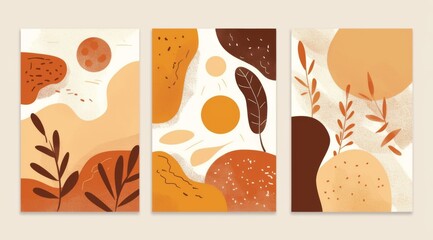 Fototapeta premium 3 simple modern wall art decorations, with soft tones and neutral colors of beige, terracotta and white