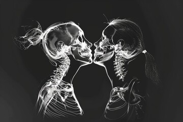 A romantic scene between two skeletons, embracing and kissing