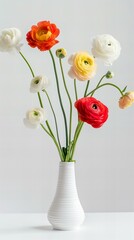 Vase with flowers: Ranunculus, white background.