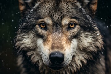 Obraz premium Close-up of a majestic wolf's face as snowflakes gently fall around it