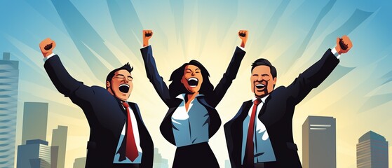 Three business professionals jubilantly celebrating their success against a cityscape backdrop, symbolizing teamwork, achievement, and corporate triumph