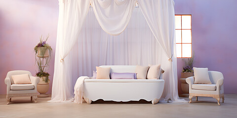 White couch, chairs, and curtains in a lavender room with soft lighting, perfect for a romantic wedding or bridal shower. 