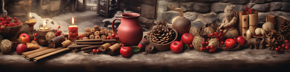 Rustic autumnal still life with red apples, brown wood, and red berries, perfect for cozy fall vibes and holiday designs. 