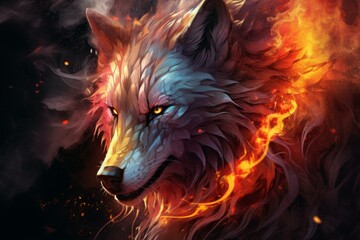 Majestic and powerful wolf with fiery mane and intense eyes illustration in a digital art fantasy world