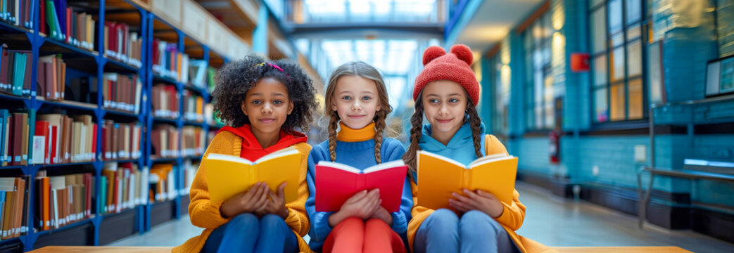 three multi-ethnic girls happily reading books in the school library - Powered by Adobe