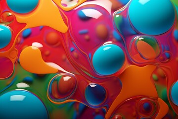 Fototapeta premium A vibrant abstract artwork featuring colorful bubbles and fluid shapes in shades of blue, orange, and red