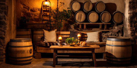 Rustic wooden barrels, warm candlelight, and cozy seating create a romantic and inviting atmosphere in a rustic wine cellar. 